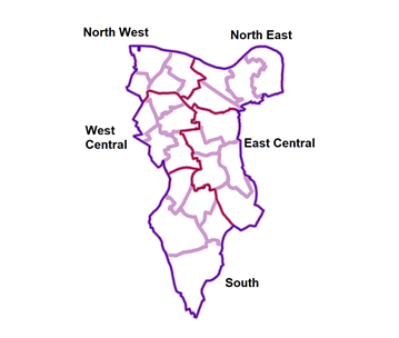 Map showing North West, North East, West Central, East Central and South areas of Southark